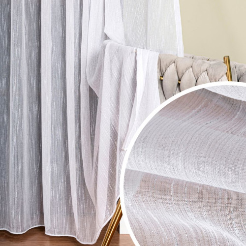 Gotowa firana do salonu na taśmie marszczącej, kolor biały ze srebrną nitką, dostępna w kilku rozmiarach, Neve