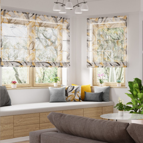 Gotowa roleta rzymska o półprzezroczystej strukturze w musztardowo-szare liście 