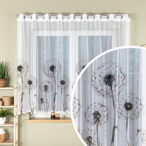 Krótka gotowa firanka żakardowa z fabrycznymi otworami na drążek i kolorowym nadrukiem, oferowana w kilku rozmiarach, Dmuchawce