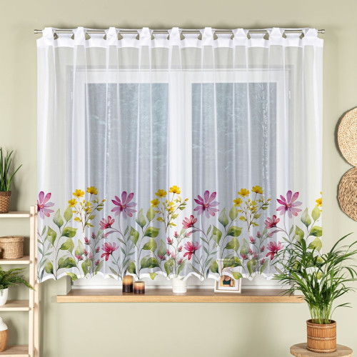 Gotowa firanka żakardowa z otworami na drążek, kolor biały z kwiatowym nadrukiem, oferowana w kilku rozmiarach, Kwiatowa łąka