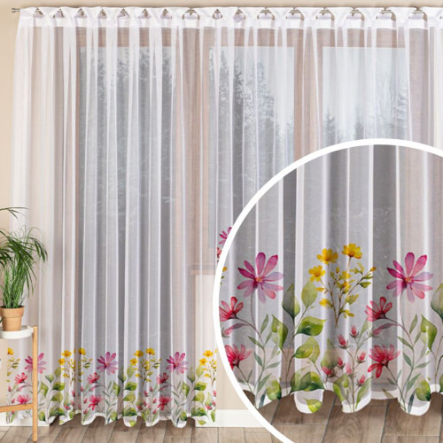 Gotowa długa firana żakardowa z otworami na drążek, kolor biały z kwiatowym nadrukiem, oferowana w kilku rozmiarach, Kwiatowa łąka