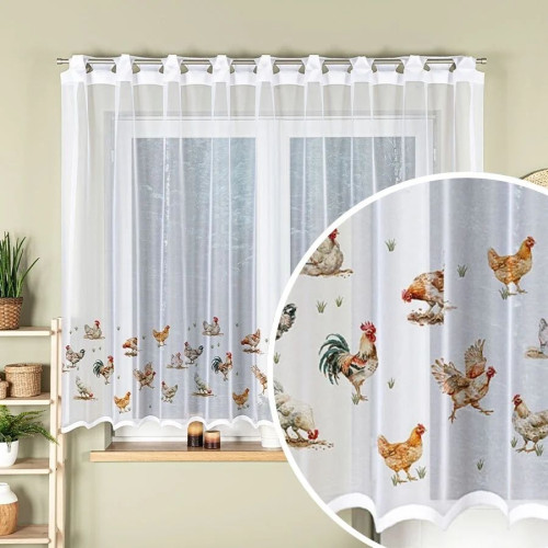Gotowa firanka żakardowa z nadrukiem kurczaków i otworami na drążek, oferowana w kilku rozmiarach, Kury
