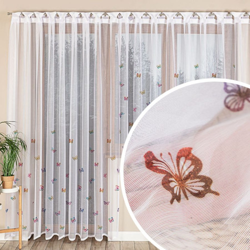 Długa gotowa firana żakardowa z otworami na drążek, kolor biały z kolorowym nadrukiem, oferowana w kilku rozmiarach, Motylki