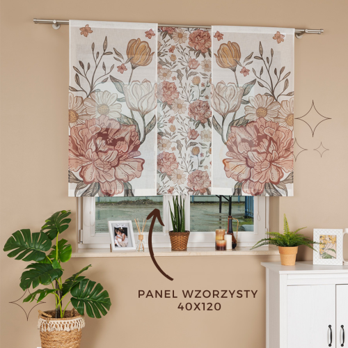 Panel firanowy wzorzysty o strukturze lnu z motywem piwonii w stylu boho, rozmiar 40x120 cm