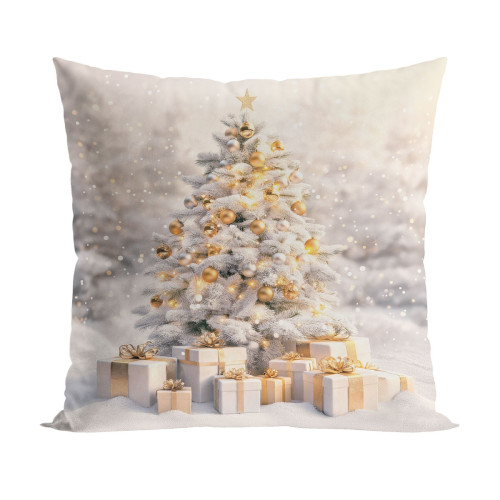 Welwetowa poszewka dekoracyjna, świąteczny nadruk 3D w kolorze szaro-złotym, rozmiar 40x40 cm, Złota choinka