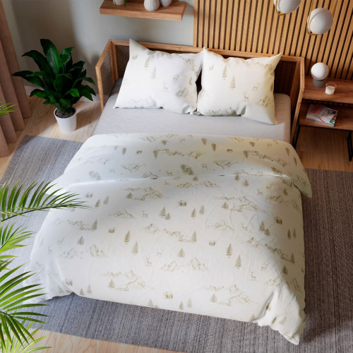 Komplet pościeli z bawełny satynowej MOKOSZ z delikatnym wzorem gór i jelonków