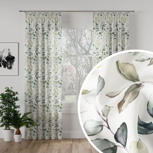 Zasłona welurowa drukowana w pastelowe liście na taśmie szerokość do 140 cm Samsun - szyta na wymiar