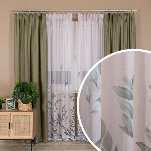 Beżowa firana gotowa z woalu na taśmie z botanicznym wzorem w postaci liści, rozmiar 140x250 cm