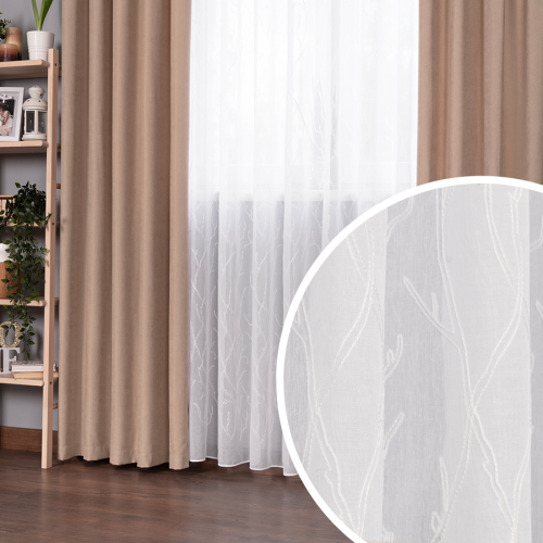 Biała firana haftowana gotowa z motywem gałęzi drzew, szerokość 300-500 cm, wysokość 250 cm