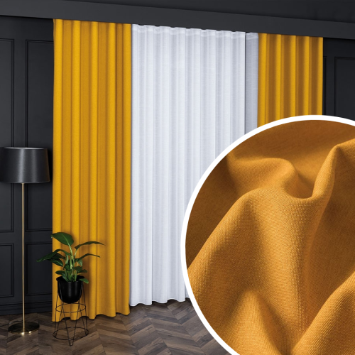 PREMIUM ALLURE Zasłona gotowa na taśmie wave Ibiza, kolor musztardowy, rozmiar 150x270 cm przed zmarszczeniem