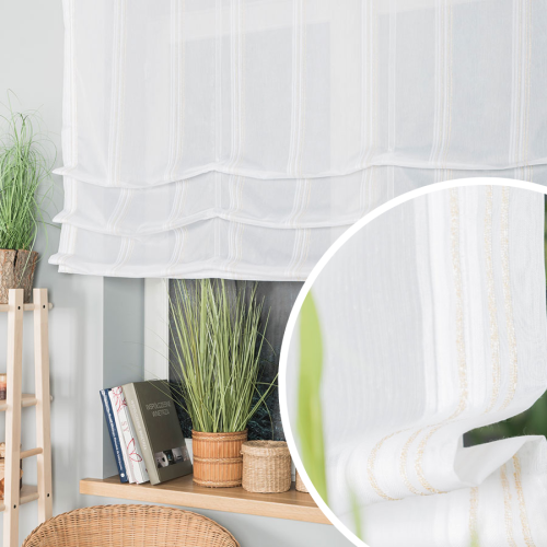 Roleta rzymska gotowa ze wzorem pasowym, kolor biały ze złotym zdobieniem, rozmiar 140x135 cm