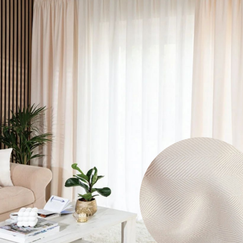 Zasłona do salonu na przelotkach, Jodełka kolor kremowy wzór poziomo - szyta na wymiar