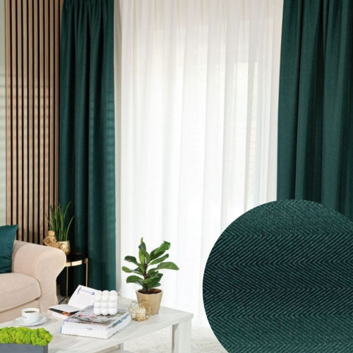 Zasłona do salonu na taśmie wave, Jodełka kolor butelkowa zieleń wzór poziomo - szyta na wymiar