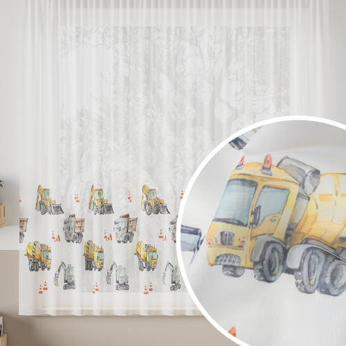 Firanka z woalu do szyny sufitowej do pokoju dziecięcego Pojazdy, wysokość 155 cm, kolor musztardowy - szyta na wymiar