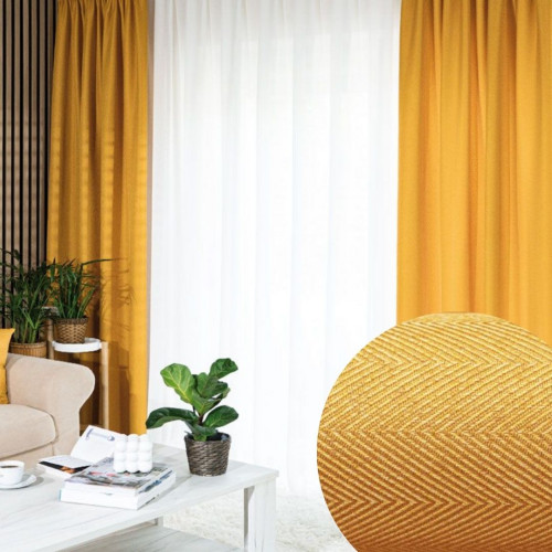 Zasłona do salonu na taśmie, kolor musztardowy, Jodełka wzór poziomo - szyta na wymiar