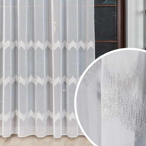 Biała firanka haftowana ze wzorem pasowym, haft szaro-srebrny, 112750,  wysokość 280 cm - sprzedawana na metry