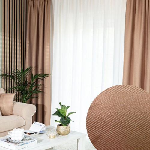 Zasłona do salonu na taśmie wave, Jodełka kolor ciemny beżowy wzór poziomo - szyta na wymiar