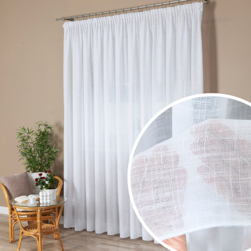 Biała firanka gotowa typu len na taśmie, szerokość 300-400 cm wysokość 250 cm