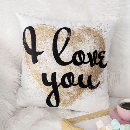 Poszewka z welwetu ze złotym sercem I Love You, 40x40cm, kolor biały