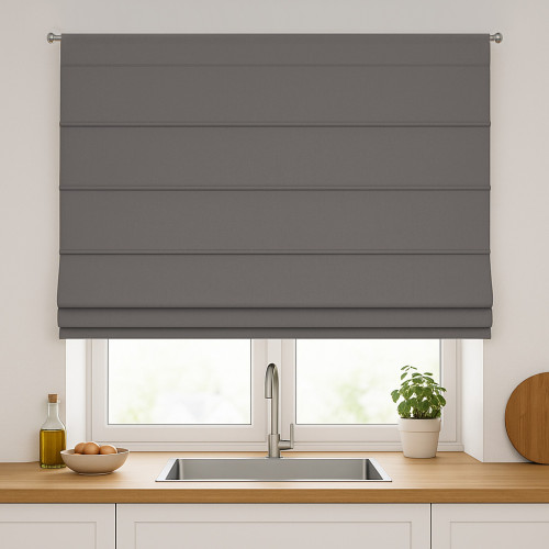 Roleta rzymska zaciemniająca na karnisz na sznurek, kolor stalowy szary - szyta na wymiar