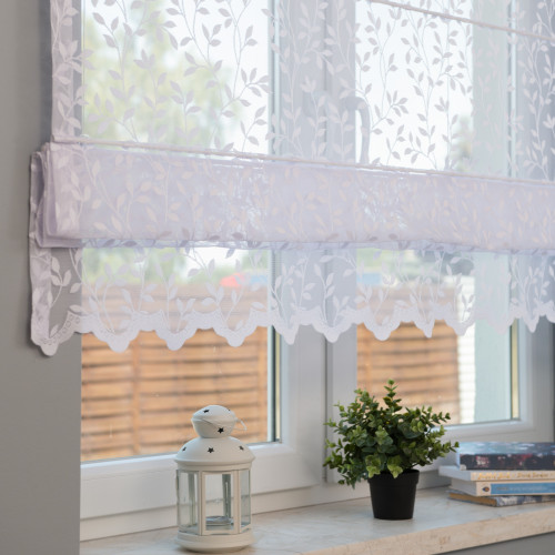 Roleta rzymska firanowa żakardowa w liście, kolor biały - szyta na wymiar