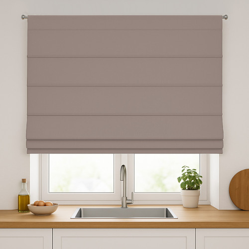 Roleta rzymska zaciemniająca na karnisz na sznurek, kolor ciemny chłodny beżowy - szyta na wymiar