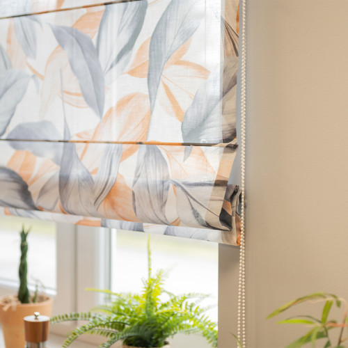 Roleta rzymska o strukturze lnu w musztardowo-szare liście, szerokość do 180 cm - szyta na wymiar