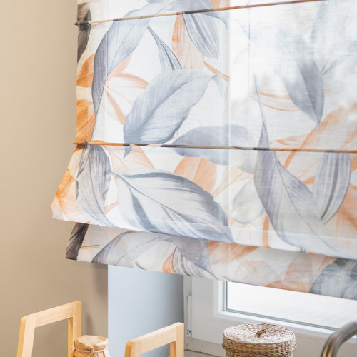 Roleta rzymska o strukturze lnu w musztardowo-szare liście, wysokość do 160 cm - szyta na wymiar