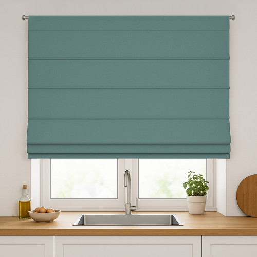 Roleta rzymska zaciemniająca na karnisz na sznurek, kolor szałwiowy - szyta na wymiar