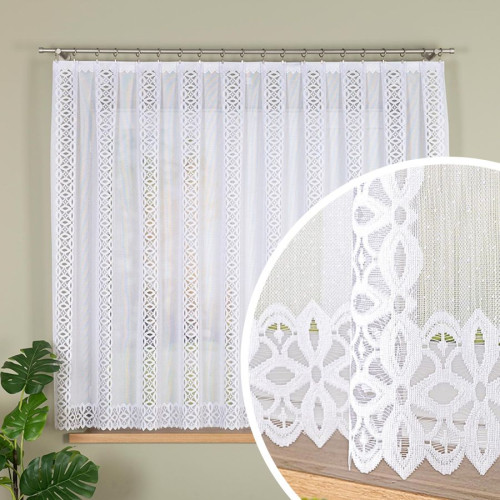 Gotowa firanka żakardowa w pionowe ażurowe pasy, kolor biały, oferowana w 2 rozmiarach, Helena