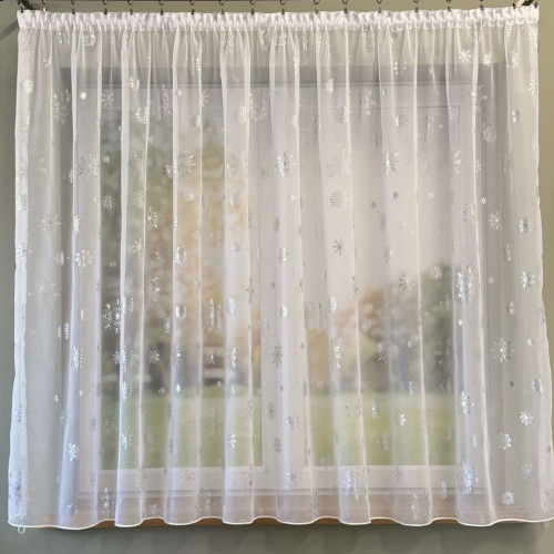 Gotowa firana świąteczna woal ze srebrem nadrukiem na taśmie 300x160 cm Śnieżka