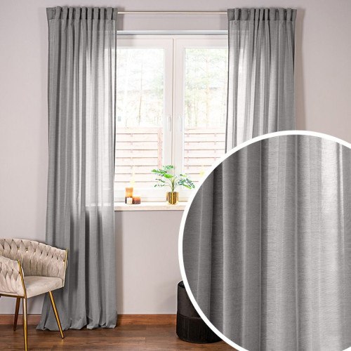 Szara zasłona gotowa typu batyst na taśmie, lekka jak firana, oferowana w kilku rozmiarach, Basic
