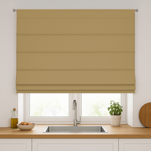 Roleta rzymska zaciemniająca na karnisz na sznurek, kolor ciemny ciepły beżowy - szyta na wymiar