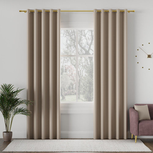 Zasłona do salonu z tkaniny zaciemniającej typu blackout na przelotkach, kolor jasny chłodny beżowy, Dona - szyta na wymiar