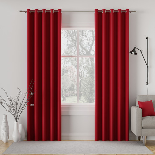 Zasłona do salonu z tkaniny zaciemniającej typu blackout na przelotkach, czerwony kolor, Dona - szyta na wymiar