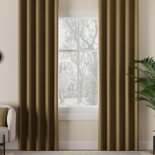 Zasłona do salonu z tkaniny zaciemniającej typu blackout na taśmie, kolor khaki - szyta na wymiar