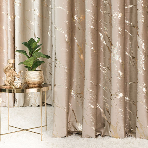 Welwetowa zasłona ze złotym nadrukiem na taśmie marszczącej, kolor ciemny beż, wysokość do 290 cm, Marma - szyta na wymiar