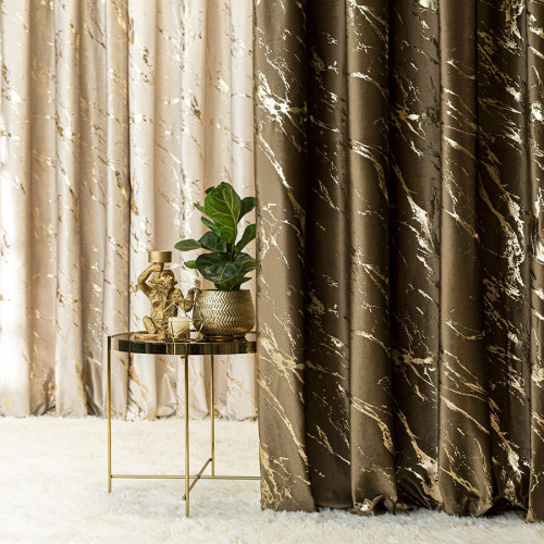 Welwetowa zasłona ze złotym marmurowym nadrukiem, na taśmie marszczącej,  kolor brązowy, wysokość do 290 cm, Marma - szyta na wymiar