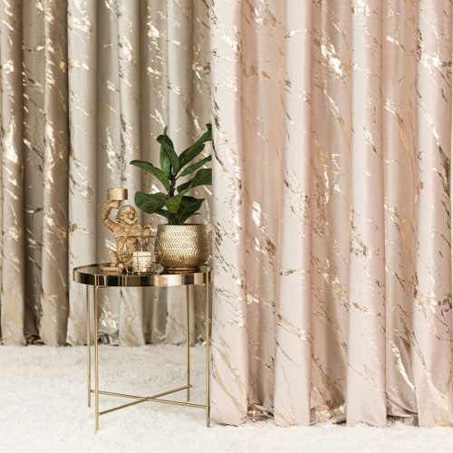 Welwetowa zasłona ze złotym marmurowym nadrukiem, na taśmie marszczącej,  kolor jasny beż, wysokość do 290 cm, Marma - szyta na wymiar