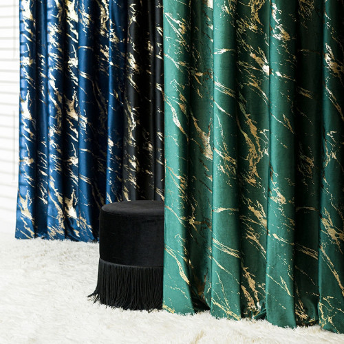 Welwetowa zasłona ze złotym marmurowym nadrukiem, na taśmie marszczącej,  kolor butelkowa zieleń, wysokość 300 cm, Marma - szyta na wymiar