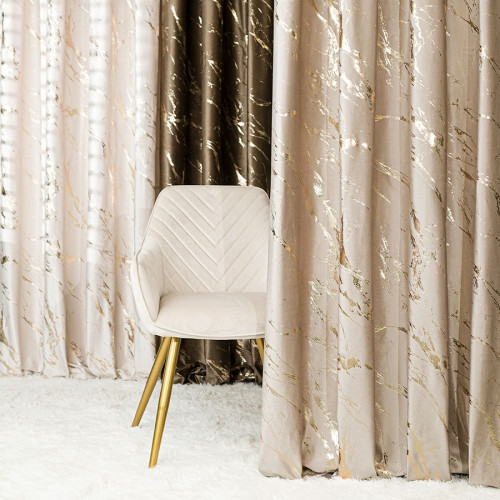 Welwetowa zasłona ze złotym marmurowym nadrukiem, na taśmie marszczącej,  kolor ciemny kremowy, wysokość do 290 cm, Marma - szyta na wymiar