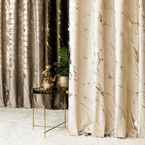 Welwetowa zasłona ze złotym marmurowym nadrukiem, na taśmie marszczącej,  kolor kremowy, wysokość do 290 cm, Marma - szyta na wymiar