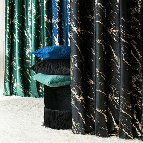 Welwetowa zasłona ze złotym marmurowym nadrukiem, na taśmie marszczącej,  kolor czarny, wysokość do 290 cm, Marma - szyta na wymiar