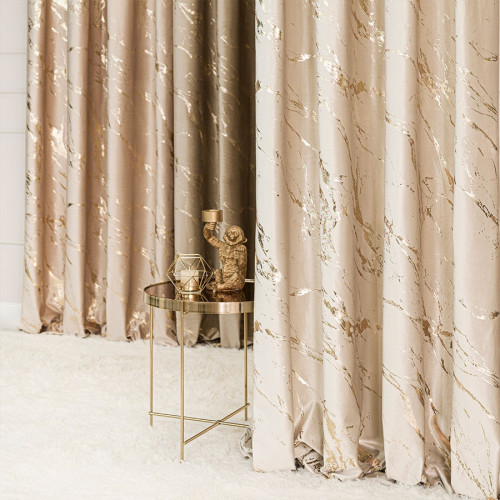 Zasłona ze złotym marmurowym nadrukiem, na taśmie marszczącej, kolor jasny kremowy, wysokość do 290 cm, Marma- szyta na wymiar