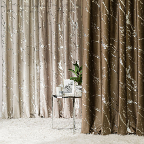 Zasłona welwetowa ze srebrnym marmurowym nadrukiem, na taśmie marszczącej, kolor brązowy, wysokość do 290 cm, Marma - szyta na wymiar