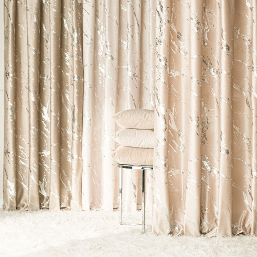 Zasłona welwetowa ze srebrnym marmurowym nadrukiem, na taśmie marszczącej, kolor jasny beżowy, wysokość do 290 cm, Marma - szyta na wymiar