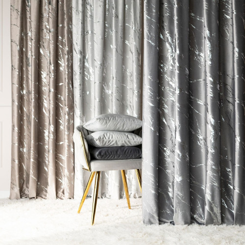 Zasłona ze srebrnym marmurowym nadrukiem, na taśmie marszczącej, kolor jasny szary, wysokość do 290 cm, Marma - szyta na wymiar
