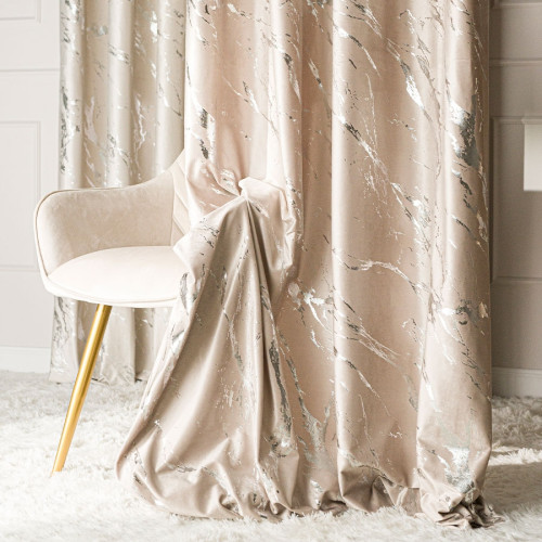 Zasłona welwetowa ze srebrnym marmurowym nadrukiem, na taśmie marszczącej, kolor ciemny kremowy, wysokość do 290 cm, Marma - szyta na wymiar