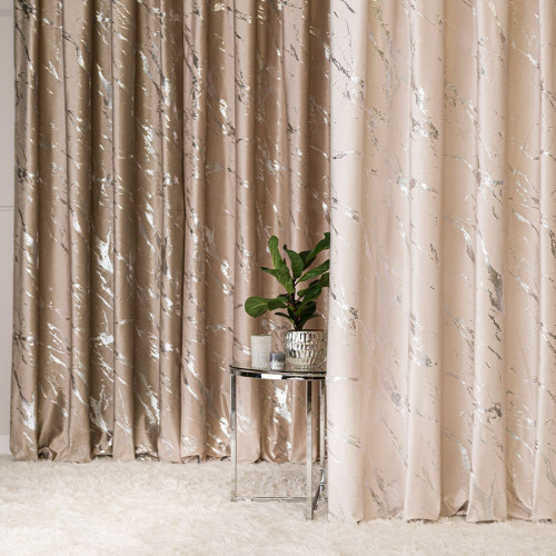 Zasłona welwetowa ze srebrnym marmurowym nadrukiem, na taśmie marszczącej, kolor kremowy, wysokość do 290 cm, Marma - szyta na wymiar