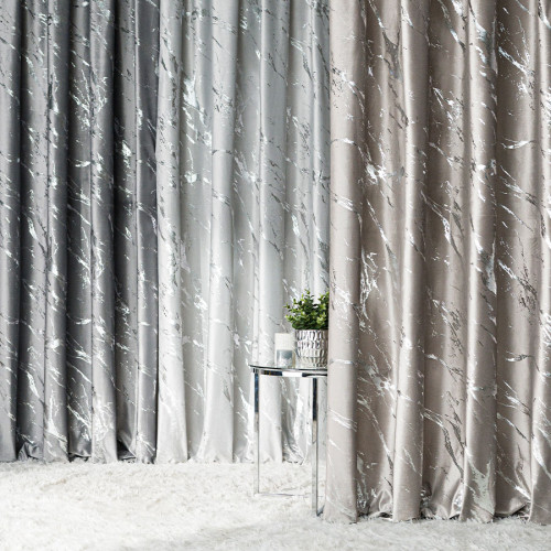 Zasłona welwetowa ze srebrnym marmurowym nadrukiem, na taśmie marszczącej, kolor szary beżowy, wysokość do 290 cm, Marma - szyta na wymiar